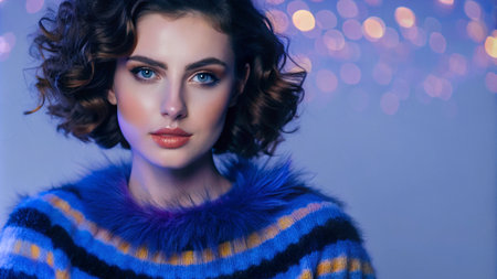 A young woman with blue eyes and short curly hair looks at the camera. She is wearing a blue sweater and has a fur collar around her neck. There is a soft blue light behind her.の素材