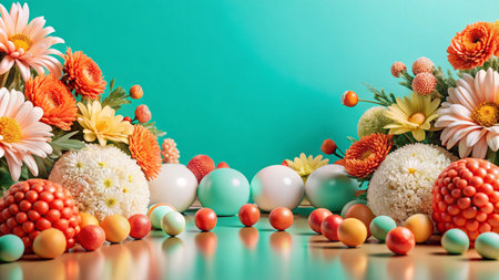 Colorful Easter eggs and flowers on a wooden surface with a turquoise background.の素材