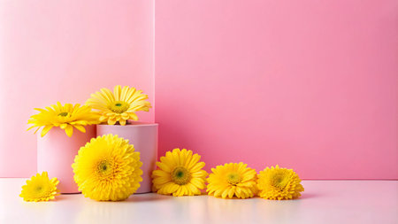 Yellow flowers in pink pots on a pink background with copy space.の素材