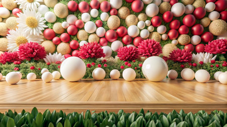 Wooden floor with red, white, and gold spheres and flowers in the background.の素材