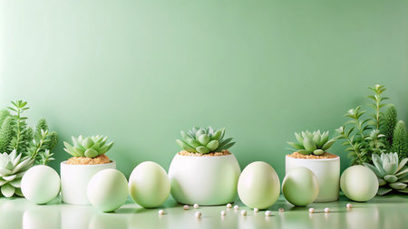 Easter eggs and succulents in white pots against a green background.の素材