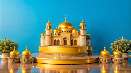 A miniature golden mosque with ornate details on a podium, surrounded by small golden domes and potted plants against a blue background.の素材