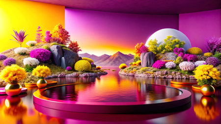 Surreal landscape with vibrant colors and a podium.の素材
