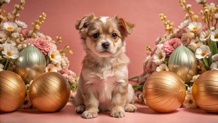 A small, tan and white puppy sits in front of gold ornaments and flowers on a pink background.の素材