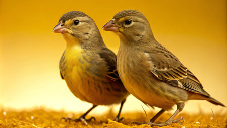 Two small yellow and brown birds perched on a yellow surface.の素材