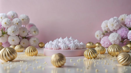 White meringue cookies on a pink podium surrounded by gold spheres and white flowers on a white background with pink backdrop.の素材