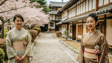 Two women in traditional Japanese clothing stand in front of a traditional Japanese building with cherry blossoms in the background.の素材