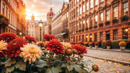A cobblestone street lined with historic buildings in a European city, with a bouquet of dahlias in the foreground and a sunset in the background.の素材