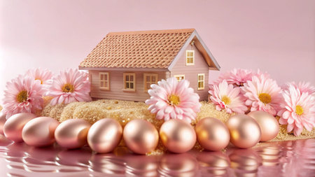 A small wooden house surrounded by pink flowers and golden eggs sits on a bed of sand and reflects on a pink surface.の素材