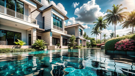 Modern luxury home with swimming pool and lush tropical landscaping under a bright blue sky.の素材