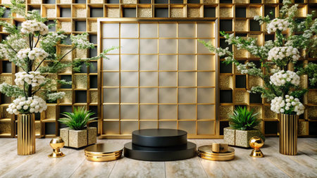 Minimalist podium with gold background and floral decorations for product presentation.の素材