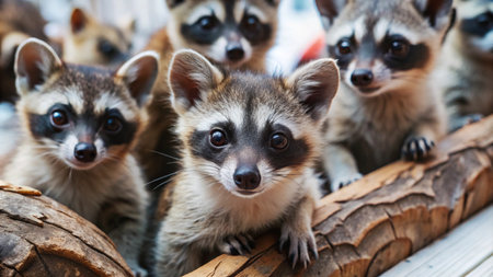 Adorable baby raccoons looking at the camera, standing on a wooden log.の素材