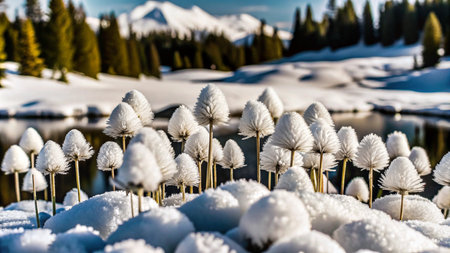 White flowers emerging from snow in a mountain landscape with a lake.の素材