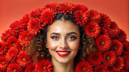 A beautiful woman with a bright smile, surrounded by red flowers.の素材