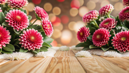 Two bouquets of pink flowers with white petals on a wooden table with bokeh background.の素材