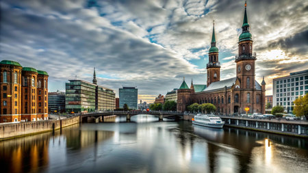 A picturesque view of a canal in a European city with a church, bridges, and boats, under a dramatic cloudy sky.の素材