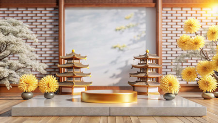 Minimalist gold podium with Chinese style architecture background.の素材
