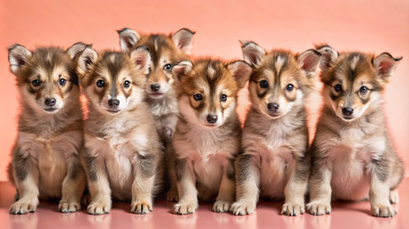 Six adorable fluffy brown and white puppies sitting in a row on a pink background.の素材