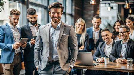A group of businesspeople in a modern office setting.の素材