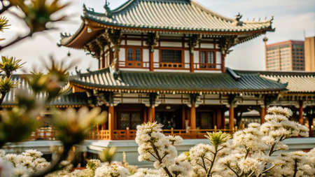 Traditional Chinese temple with white flowers in the foreground and modern buildings in the background.の素材