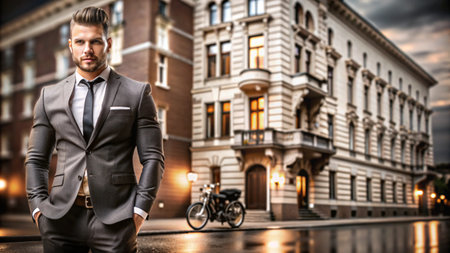 Confident businessman in a suit standing on a city street with a motorcycle parked behind him.の素材