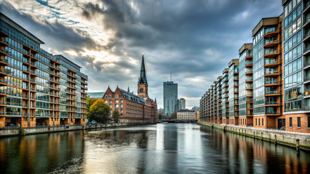A cityscape with a river flowing through it, with modern buildings on both sides, and a church spire in the distance.の素材