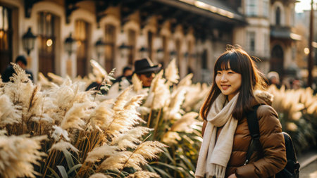 A young woman smiles in front of a row of tall grass with a city building in the background.の素材