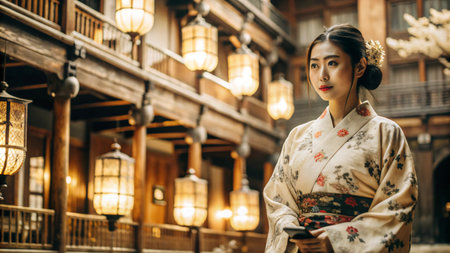 A young woman in a traditional Japanese kimono stands in a courtyard, looking thoughtfully off to the side.の素材