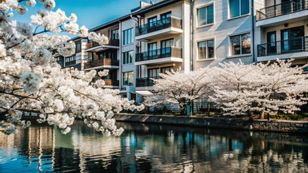 A tranquil scene of a canal lined with blooming cherry blossom trees and modern apartment buildings.の素材