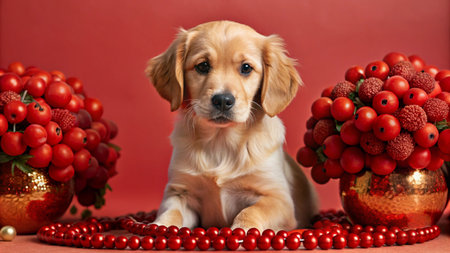 Cute golden retriever puppy sitting between two red berry arrangements with a red string of pearls on a red background.の素材
