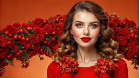 Portrait of a beautiful woman with red flowers and a red dress.の素材