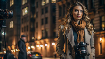 A woman photographer stands in the city at night, looking thoughtfully at the scene before her.の素材
