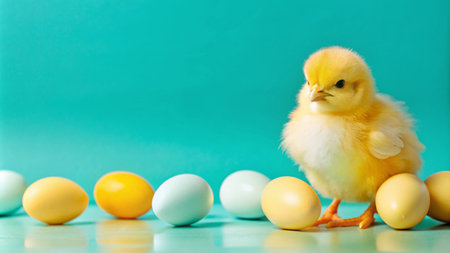 A cute yellow chick stands in front of a row of pastel Easter eggs on a turquoise background.の素材