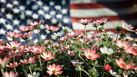 Pink and white flowers with a blurry American flag in the background.の素材