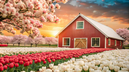 A red barn sits amidst a field of blooming tulips and cherry blossoms, bathed in the warm glow of the setting sun.の素材