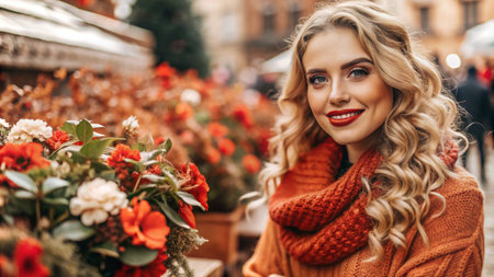 A beautiful woman smiles warmly near a flower stall at a bustling Christmas market.の素材