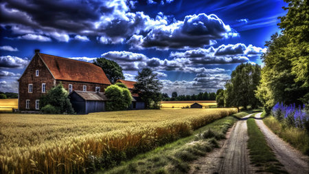 A red brick farmhouse stands in a field of wheat, with a dirt road leading past it towards a line of trees.  The sky is blue and bright, with white fluffy clouds.の素材