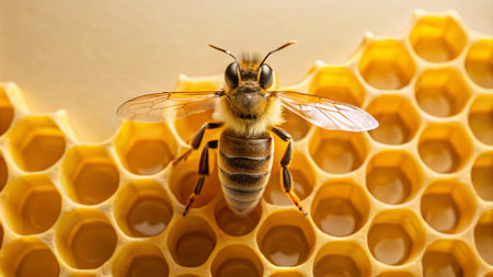 A close-up of a bee on a honeycomb, showing the intricate structure of the cells.の素材