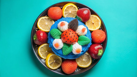 Blue dessert topped with a strawberry and surrounded by lemon slices and strawberries on a teal background.の素材