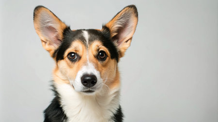 A close-up portrait of a corgi looking directly at the camera.の素材
