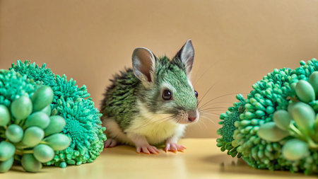 A small green and white pet mouse sits between two green flower arrangements on a beige background.の素材