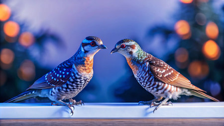 Two colorful birds facing each other on a white surface with Christmas lights in the background.の素材
