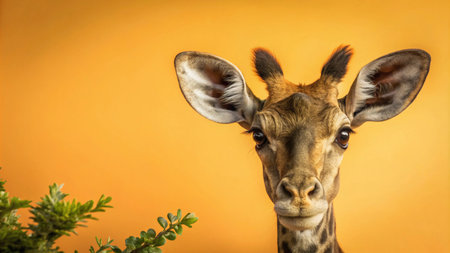 A curious giraffe with big brown eyes stares directly at the camera in a bright yellow studio setting.の素材