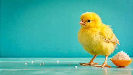 A cute yellow chick stands next to a bowl of rice on a blue wooden surface.の素材