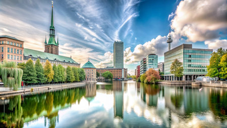 A cityscape with a river running through it, with a church steeple, modern buildings, and a tower.の素材