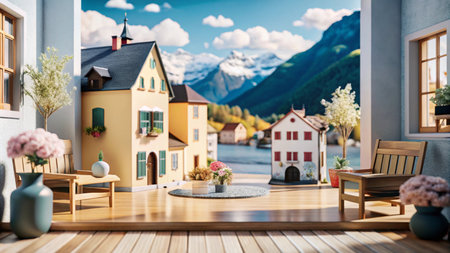 View of a quaint village with snow-capped mountains in the background, seen through an open window of a house with a wooden deck.の素材