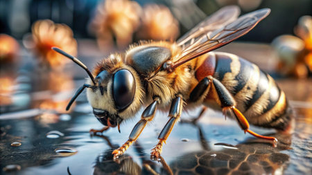 A close-up of a bee with its wings spread, perched on a surface with water droplets.の素材