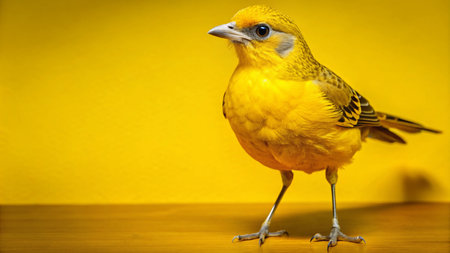 A bright yellow bird with black streaks standing on a wooden surface against a yellow background.の素材
