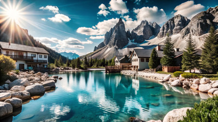 A picturesque mountain village nestled by a crystal-clear lake, with stunning views of the majestic peaks.の素材