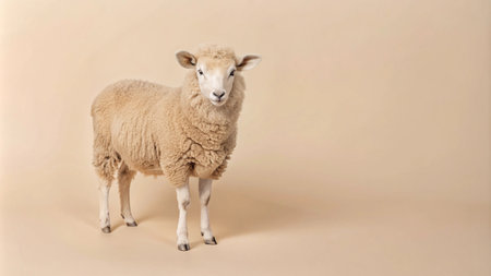 A white sheep standing on a light beige background, looking directly at the camera.の素材
